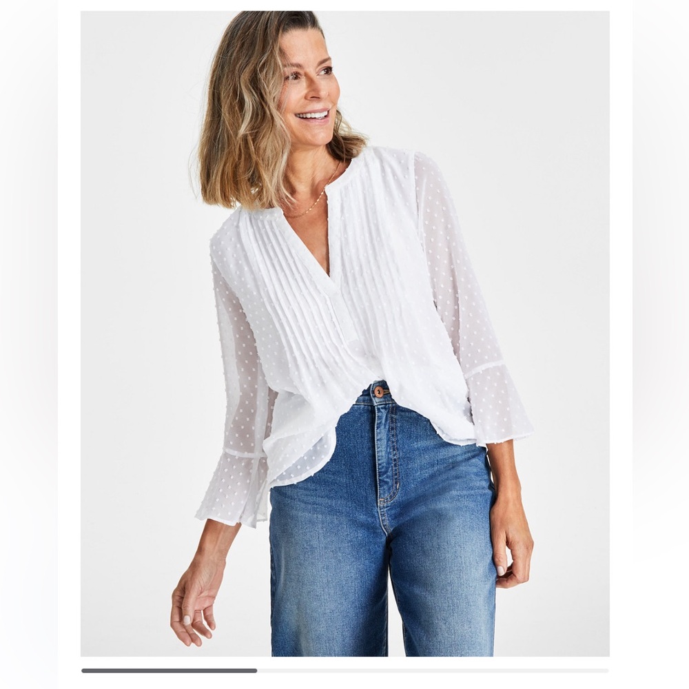Style & Co Women's Textured Pintuck Ruffle Sleeve Top in White, Size XXL